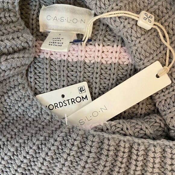 NWT CASLON Grey&Pink Striped Heavy Knit High Neck Wide Sleeve Loose Long Sweater - Picture 9 of 9